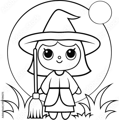 cute witch flying over moon  add grass and a tree .eps