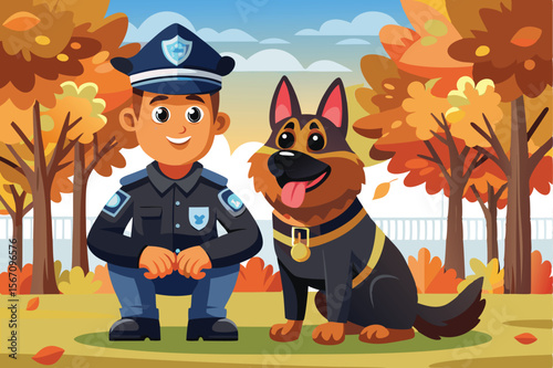 Cartoon Police Officer and German Shepherd Dog in Autumn Landscape
