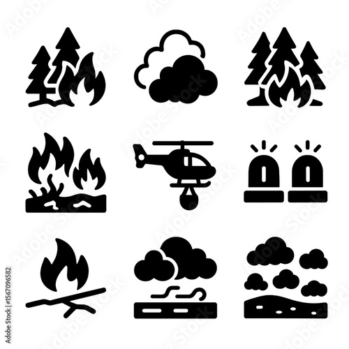 Wildfire Icon Set. Solid, filled icon set of wildfire smoke: forest fire, wildfire, smoke clouds, burning trees, charred ground,