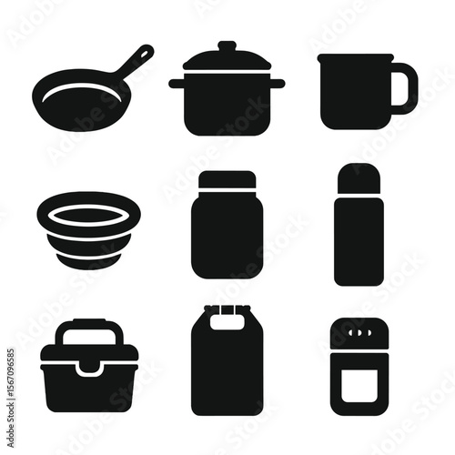 Wilderness Cooking Icon Set. Solid, filled icon set of wilderness cooking containers: cast iron pan, aluminum pot, enamel mug,
