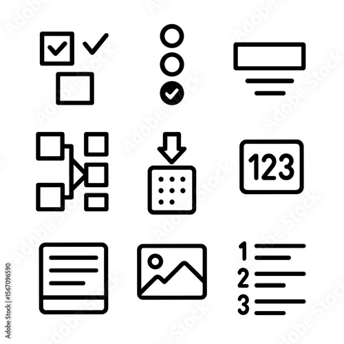 Quiz Icon Set. Solid, filled icon set of quiz question types: true/false, multiple choice, fill in blank, matching pairs, drag and