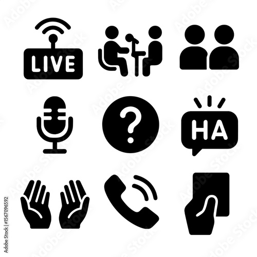 Radio Show Icons. Solid, filled icon set of radio show elements: live broadcast, interview scene, co-host icon, guest mic,