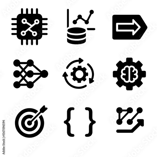 Machine Learning Icons. Solid, filled icons set of machine learning in decisions: algorithm chip, training