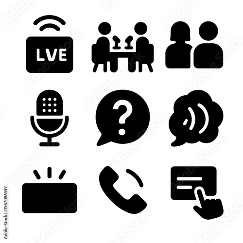 Radio Show Icons. Solid, filled icon set of radio show elements: live broadcast, interview scene, co-host icon, guest mic,