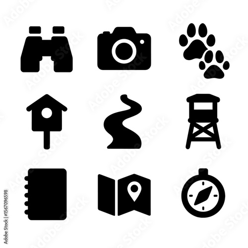Wildlife Observation Icons. Solid, filled icon set of wildlife observation: binoculars, camera, footprints, birdhouse, trail,