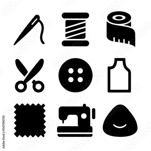 Tailoring Tools Icons. Solid, filled icon set of tailoring tools for coats: sewing needle, thread spool, measuring tape, scissors,