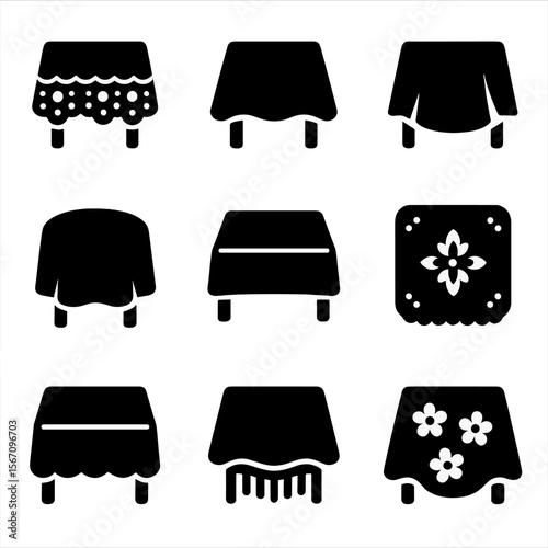Icon Set_ Tablecloths & Tools. Solid, filled icon set of tablecloth types: lace tablecloth, checkered cloth, satin cover, round