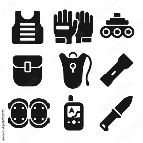 Tactical Gear Icons. Solid, filled icon set of tactical gear: combat vest, tactical gloves, night vision goggles, belt pouch,