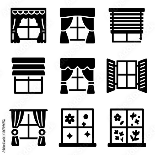 Window Decor Icons. Solid, filled icon set of window treatments and decorations: lace curtains, heavy drapes, wooden blinds, Roman