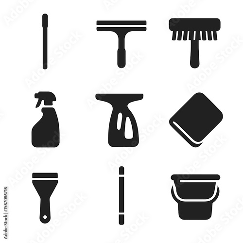 Window Cleaning Tools. Solid, filled icon set of window tools and accessories: pole, squeegee, window brush, cleaning fluid,