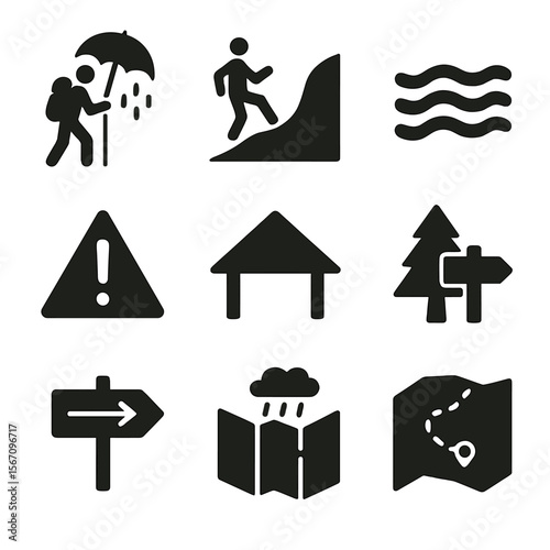Rainy Hiking Icons. Solid, filled icon set of hiking through forest rain: hiker with umbrella, slippery slope, wet trail, walking