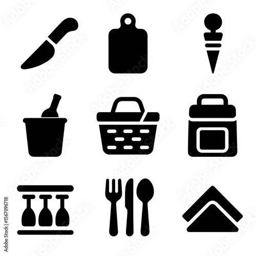Wine Picnic Icon Set. Solid, filled icon set of wine and picnic accessories: cheese knife, cutting board, bottle stopper, wine