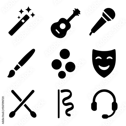 Talent Competition Icons. Solid, filled icon set of talent competition props: magic wand, guitar, microphone, paintbrush, juggling