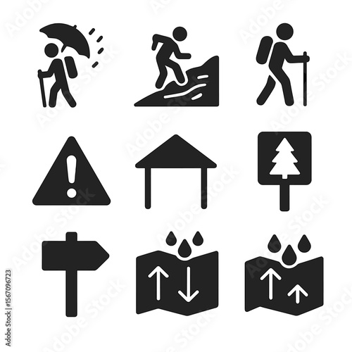 Rainy Hiking Icons. Solid, filled icon set of hiking through forest rain: hiker with umbrella, slippery slope, wet trail, walking