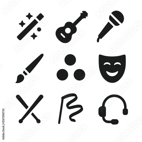 Talent Competition Icons. Solid, filled icon set of talent competition props: magic wand, guitar, microphone, paintbrush, juggling