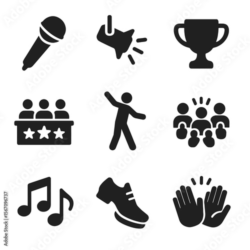 Talent Show Icons. Solid, filled icon set of talent competition: microphone, stage spotlight, trophy cup, judge’s panel, performer