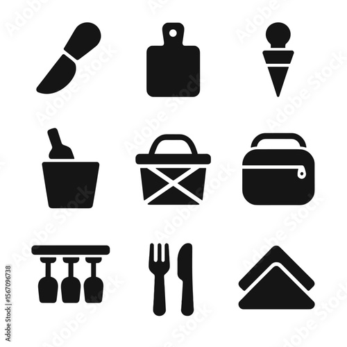 Wine Picnic Icon Set. Solid, filled icon set of wine and picnic accessories: cheese knife, cutting board, bottle stopper, wine