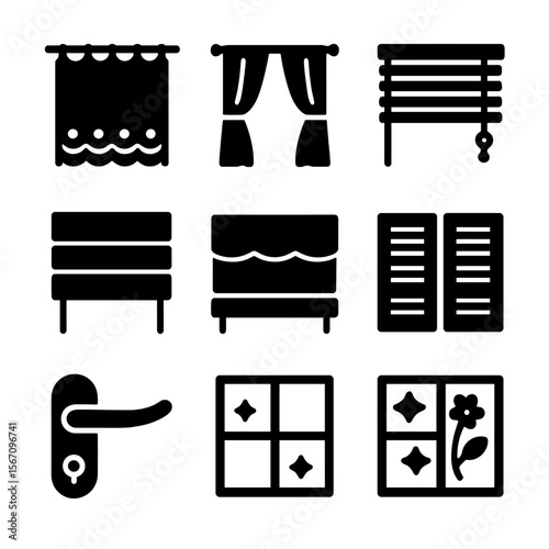 Window Decor Icons. Solid, filled icon set of window treatments and decorations: lace curtains, heavy drapes, wooden blinds, Roman