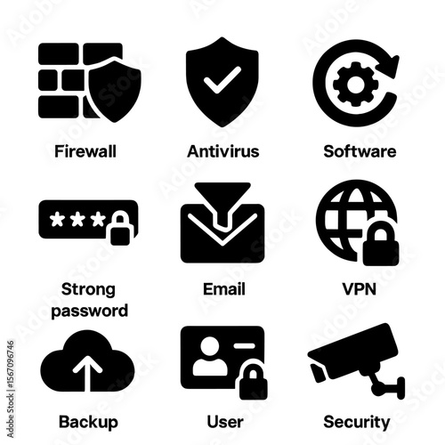 Ransomware Prevention Icons. Solid, filled icon set of ransomware prevention: firewall shield, antivirus shield, software update,
