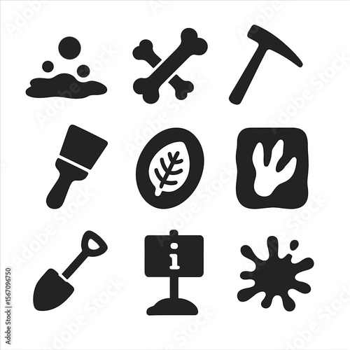 Tar Pits Icon Set. Solid, filled icon set of tar pits and fossil sites: bubbling tar, trapped bones, paleontology pick, fossil