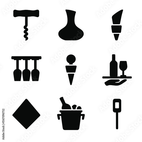 Wine Tools Icon Set. Solid, filled icon set of wine serving tools: corkscrew, decanter, wine pourer, glass rack, bottle stopper,