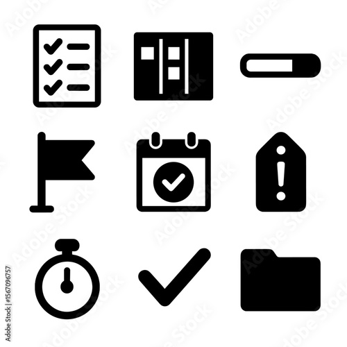 Task Management Icons. Solid, filled icon set of task and project management: task list, kanban board, progress bar, milestone