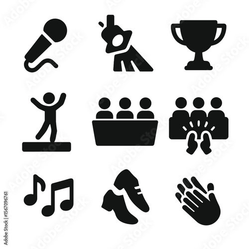 Talent Show Icons. Solid, filled icon set of talent competition: microphone, stage spotlight, trophy cup, judge’s panel, performer