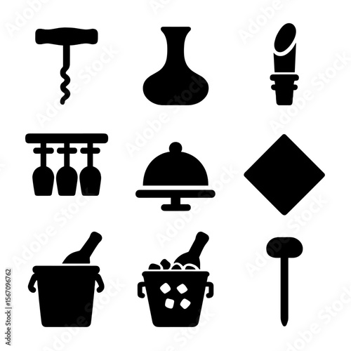 Wine Tools Icon Set. Solid, filled icon set of wine serving tools: corkscrew, decanter, wine pourer, glass rack, bottle stopper,