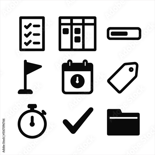 Task Management Icons. Solid, filled icon set of task and project management: task list, kanban board, progress bar, milestone