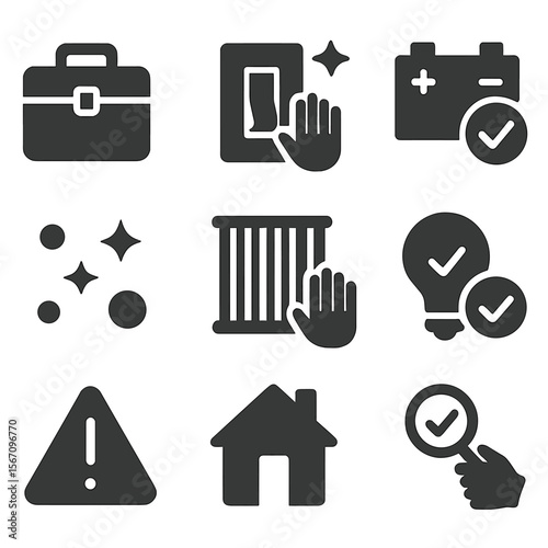 Maintenance Checklist Icons. Solid, filled icons set of maintenance checklist visuals: toolbox icon, switch