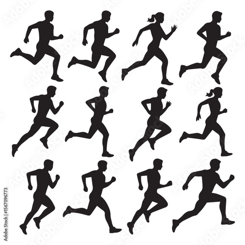 Collection of diverse male and female runners in silhouette in dynamic motion
