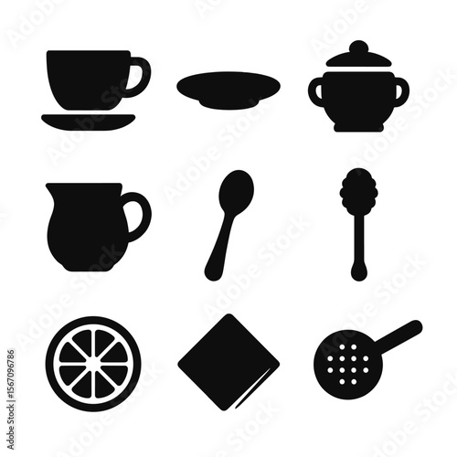 Tea Accessories Icons. Solid, filled icon set of tea-drinking accessories: teacup, saucer, sugar bowl, creamer, teaspoon, honey