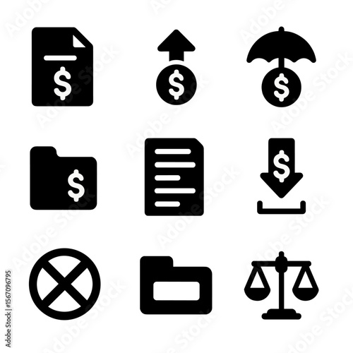 Tax Icons Grid. Solid, filled icon set of tax-efficient investing: tax document, capital gains icon, tax shelter, IRA file, income