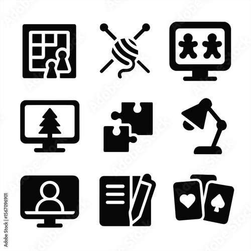 Winter Indoor Activities Icons. Solid, filled icon set of winter activities at home: board game, knitting needles, baking tray,