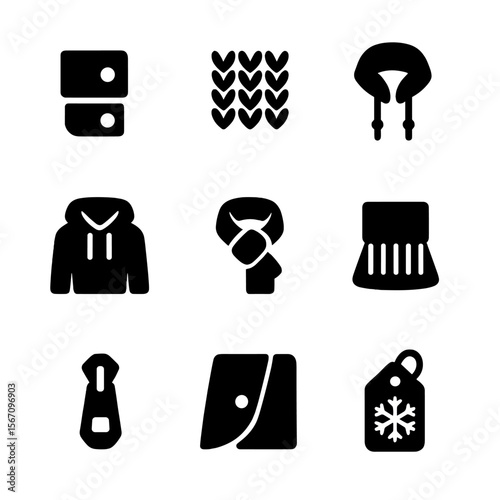 Winter Fashion Icons. Solid, filled icon set of winter fashion details: buttoned cuff, wool texture, collar up, hood strings,