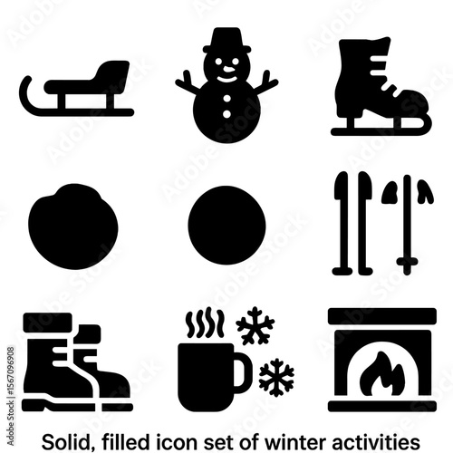 Winter Kids Icons. Solid, filled icon set of winter activities for kids: sled, snowman, ice skates, snowball, ski poles, snow
