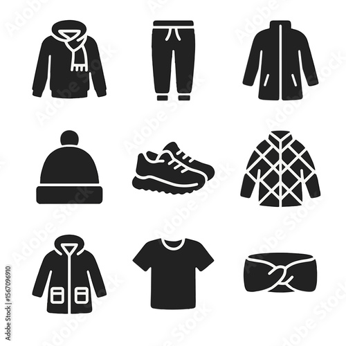 Winter Wear Icons. Solid, filled icon set of casual winter wear: hoodie with scarf, fleece joggers, zip-up coat, snow beanie,