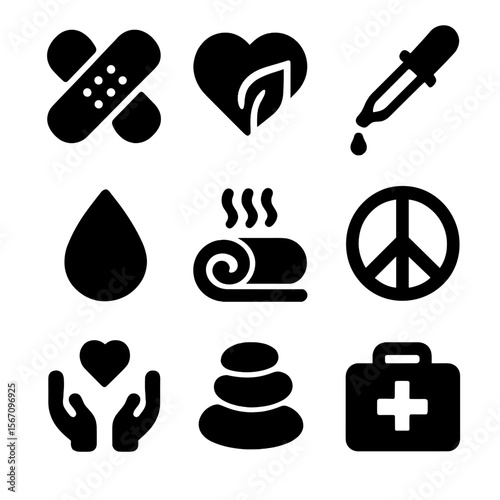 Recovery Icons Grid. Solid, filled icon set of recovery and healing: bandage, heart with leaf, dropper, water droplet, warm