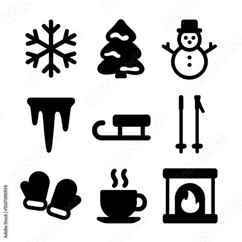 Winter Icon Set. Solid, filled icon set of winter landscape: snowflake, pine tree with snow, snowman, icicle, sled, ski poles,