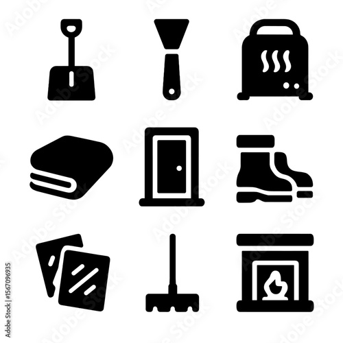 Winter Storm Essentials. Solid, filled icon set of winter storm readiness items: snow shovel, ice scraper, space heater, fireplace
