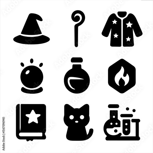 Wizard Artifacts Icons. Solid, filled icon set of wizard artifacts: wizard hat, elder staff, starry robe, glowing orb, potion