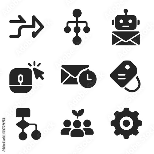 Marketing Automation Icons. Solid, filled icons set of marketing automation tools: workflow arrow, sequence