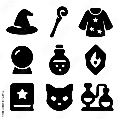 Wizard Artifacts Icons. Solid, filled icon set of wizard artifacts: wizard hat, elder staff, starry robe, glowing orb, potion