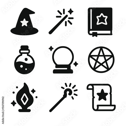 Wizard Icon Set. Solid, filled icon set of wizards casting spells: wizard hat, magic wand, spell book, potion bottle, crystal ball