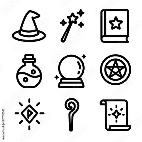 Wizard Icon Set. Solid, filled icon set of wizards casting spells: wizard hat, magic wand, spell book, potion bottle, crystal ball