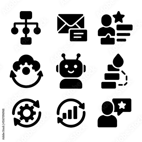 Marketing Automation Icons. Solid, filled icons set of marketing automation systems: workflow icon, email