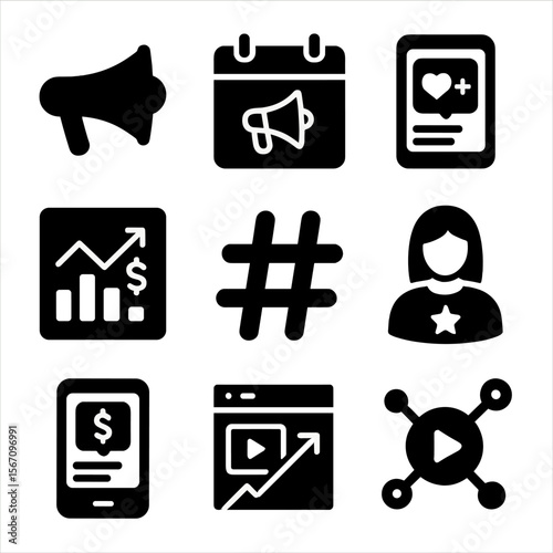 Marketing Icons Grid. Solid, filled icons set of marketing campaigns: megaphone, campaign calendar, social