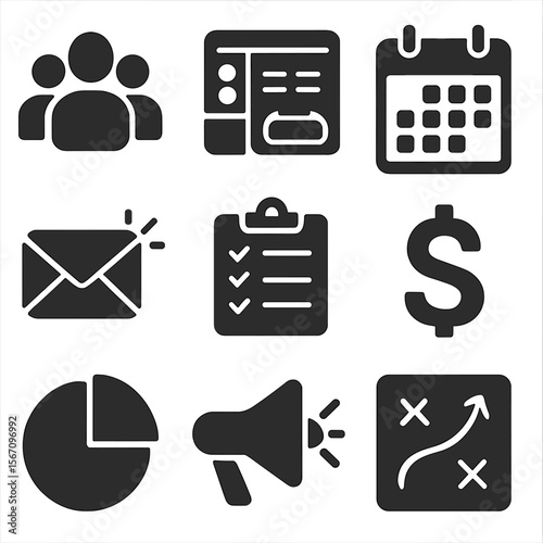 Marketing Icon Set. Solid, filled icons set of managing marketing teams and campaigns: team icon, campaign