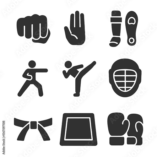 Martial Arts Icons. Solid, filled icons set of offense vs defense in martial arts: punch icon, block hand,