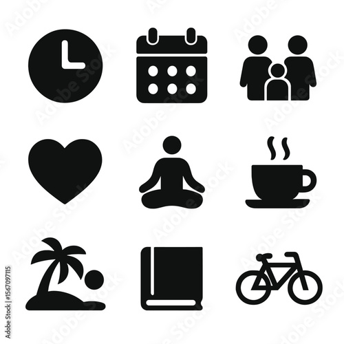 Work-Life Balance Icons. Solid, filled icon set of work-life balance: clock, calendar, family, heart, yoga pose, beach, coffee,
